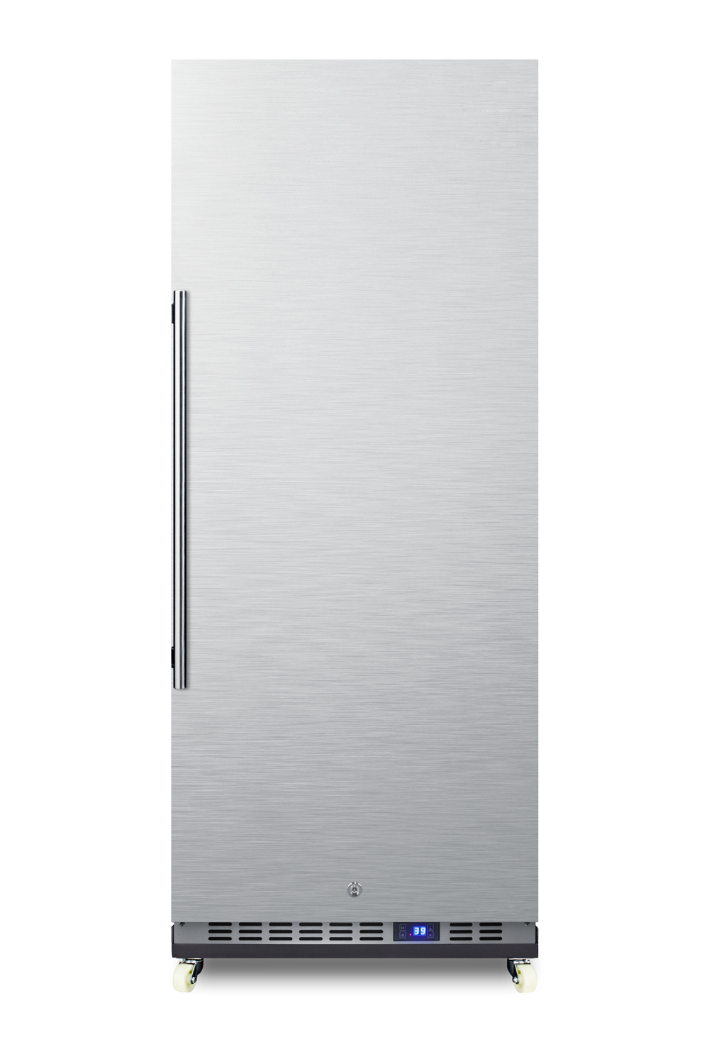10.1 cu.ft. commercial all-refrigerator with stainless steel interior and exterior, digital thermostat, sheet pans and adjustable tray supports, chrome shelves, lock, automatic defrost operation, and removable dolly